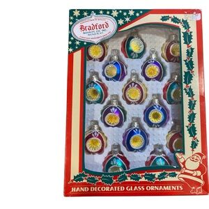 Package of 15 Bradford Novelty Co hand-decorated glass reflector ornaments Boxed